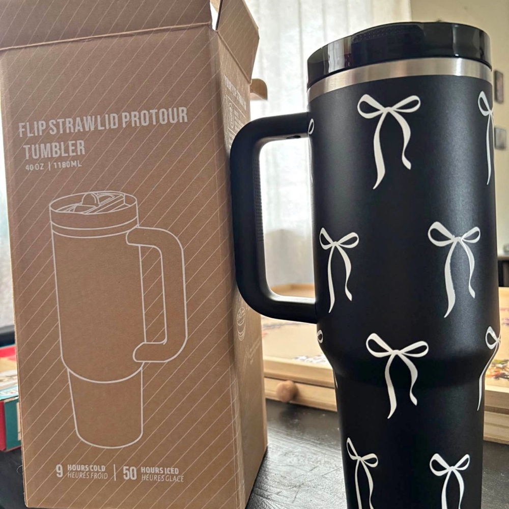 Black Tumbler with White Bow Design